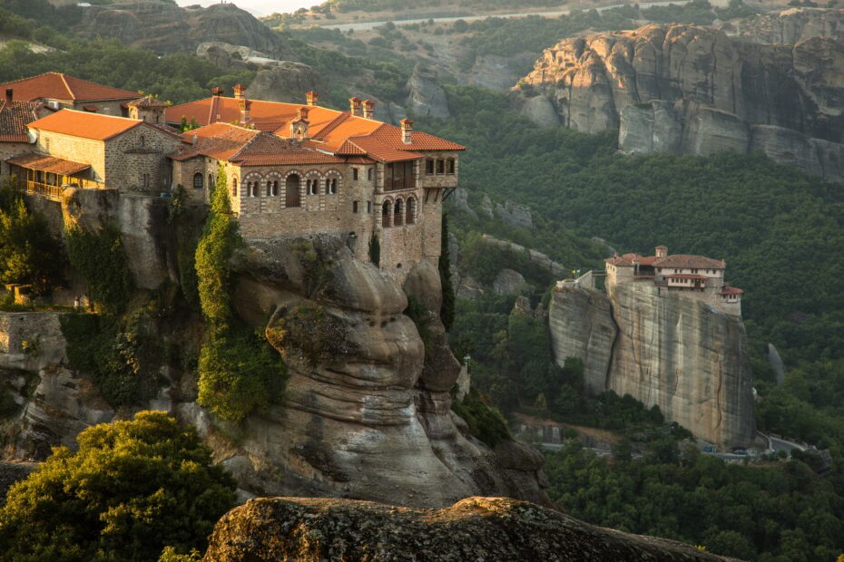 Meteora monasteries View on the Holy Monastery of Varlaam and Roussanou Monastery on background