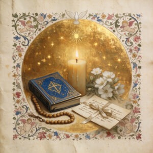 Mystikerin mit Buch und Kerze als mittelalterliche Frauenfigur